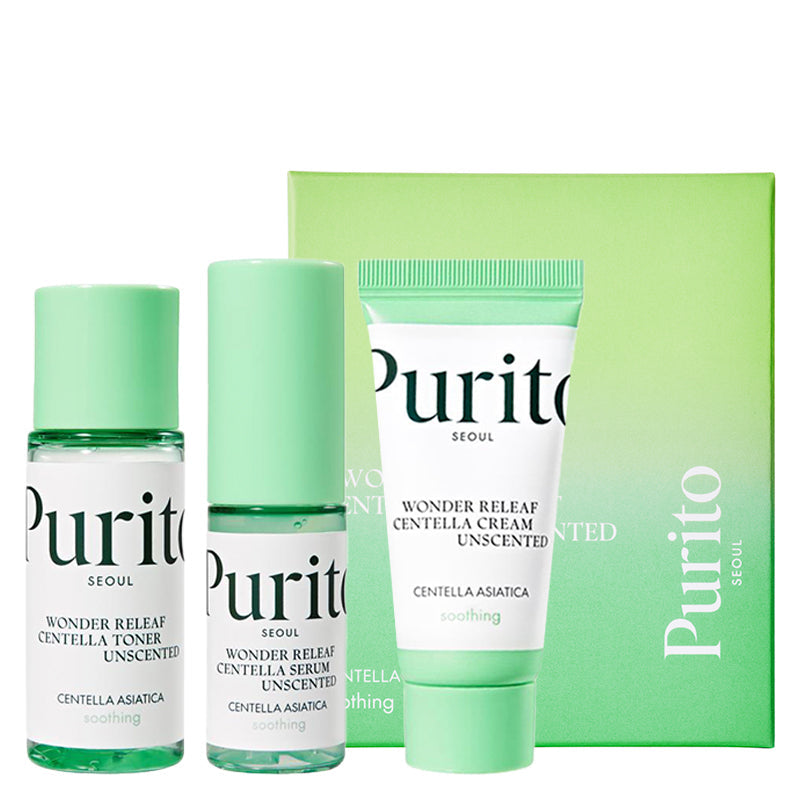 PURITO SEOUL WONDER RELEAF CENTELLA MINI KIT UNSCENTED (SERUM 15ML, TONER 30ML, CREAM 15ML)